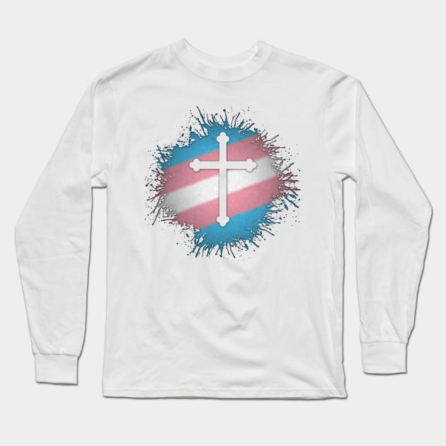 Paint Splatter Transgender Pride Christian Cross Symbol Long Sleeve T-Shirt by LiveLoudGraphics